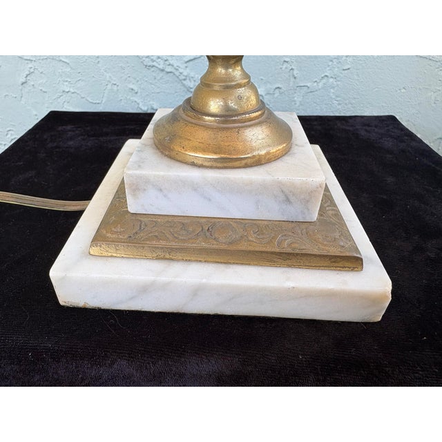 Antique Neoclassical Brass Double Arm Table Lamp With Opaline Glass Shades and Marble Base, C. 1920s For Sale - Image 12 of 12