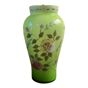 Vintage Lime Green Glass Handpainted Floral Vase