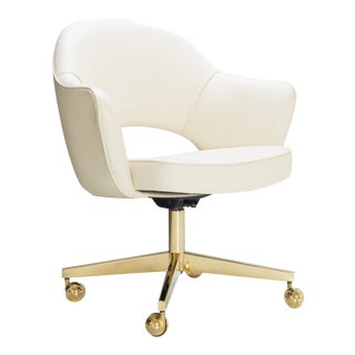 Saarinen Executive Arm Chairs in Crème Leather, Swivel Base, 24k Gold Edition For Sale