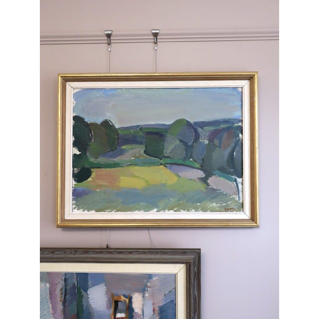 Mid-Century Modern Mid-Century Modern 'Fields Beyond' Vintage Swedish Semi-Abstract Landscape Oil Painting, Framed For Sale - Image 3 of 13