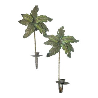 Palm Beach Regency Tole Metal Palm Tree Wall Candle Holder Sconces For Sale