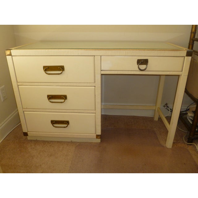 Mid-Century Modern Vitg Wicker Touched Up Drexel Campaign Lacquered Natural Rattan Desk Wood Dresser Glass Top Tommy Bahama Style Table Made For Sale - Image 3 of 8