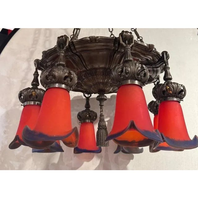 1900 - 1909 1900 Caldwell Silver Chandelier With Red Flowers Glass Shades 8 Lights For Sale - Image 5 of 9