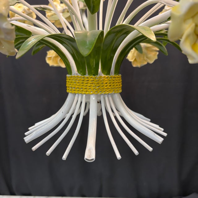 1960s Vintage Italian Style Painted Tole Floral 6-Arm Chandelier With Yellow Roses For Sale - Image 5 of 13