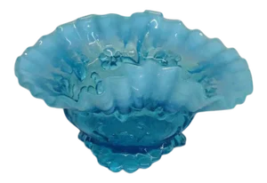 Blue Opalescent Glass Flowers Ruffled Crimped Rim Bowl Vase