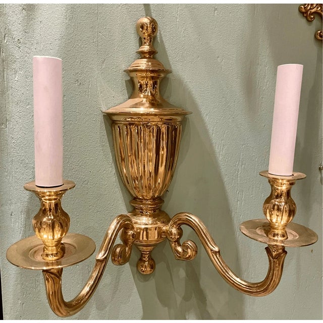 Vintage Neoclassical Style Solid Brass Wall Sconse 2 Light Arm Urn Design . 15” tall 13” wide