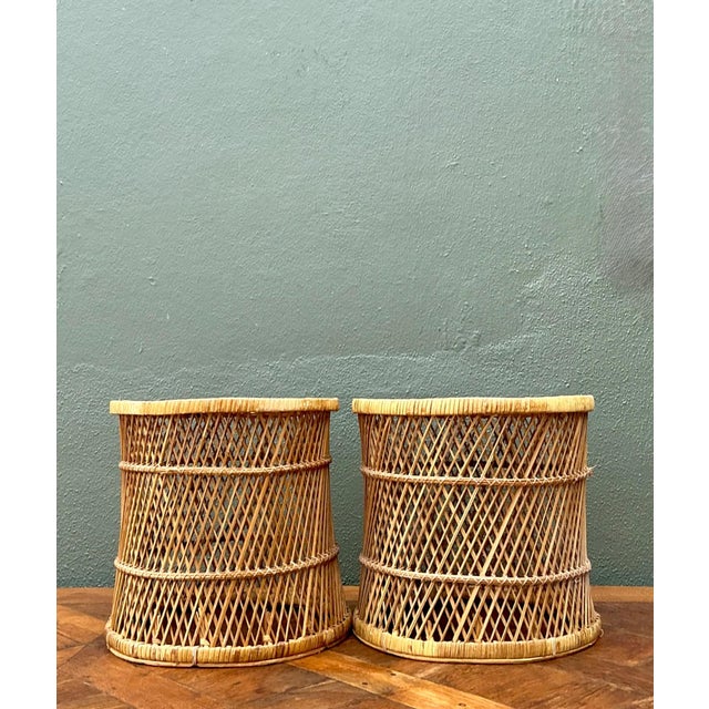 Wood Vintage Woven Rattan Accent Tables - Set of 2 For Sale - Image 7 of 14