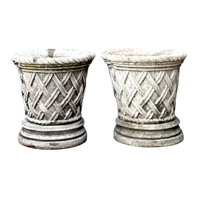 Vintage Cast Concrete Trellis Planters on Pedestals - A Pair For Sale