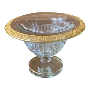 1920s Cut Glass Footed Compote Dish With Chased Gold Florentine Trim
