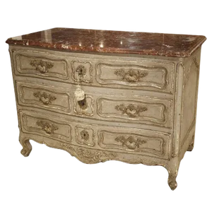Antique Louis XV Style Painted French Chest of Drawers With Marble Top