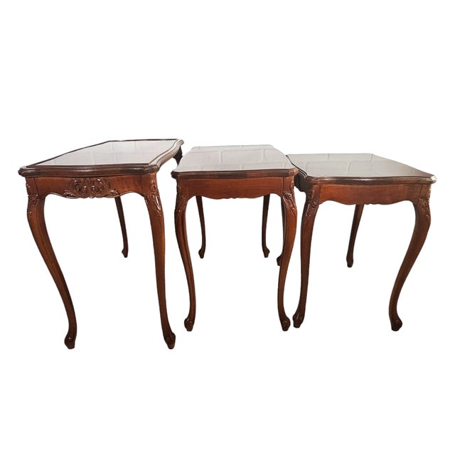 Late 20th Century Cherry Carved Stacking Tables With Cabriole Legs Set of 3 For Sale - Image 4 of 12