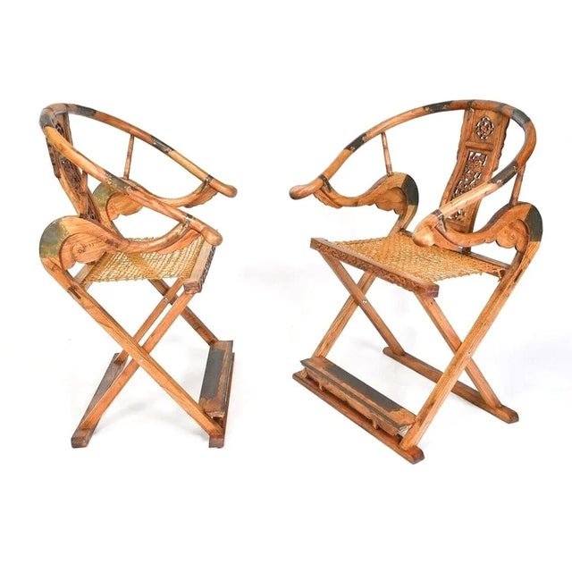 Chinese 19th Century Pair Chinese Antique Horseshoe Folding Chairs For Sale - Image 3 of 8