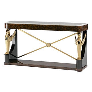 Handcrafted Spanish Empire Burl Walnut Console Table With Carrara Marble Top For Sale