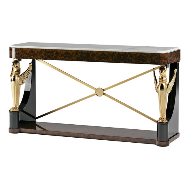 Handcrafted Spanish Empire Burl Walnut Console Table With Carrara Marble Top For Sale