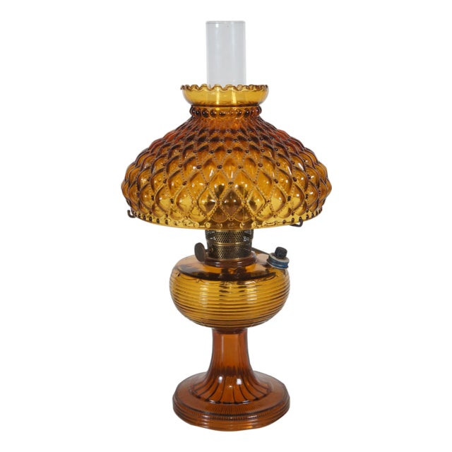 1930s Aladdin Amber Quilted Glass Hobnail Hurricane Vanity Oil Lamp For Sale