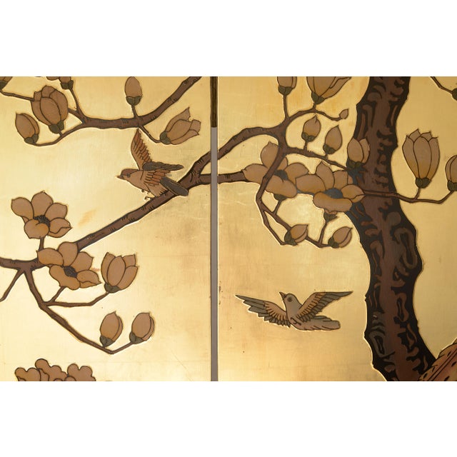 1960s Vintage Asian Gold Leaf Coromandel 4-Panel Folding Screen With Birds in Nature Scenes For Sale - Image 5 of 18