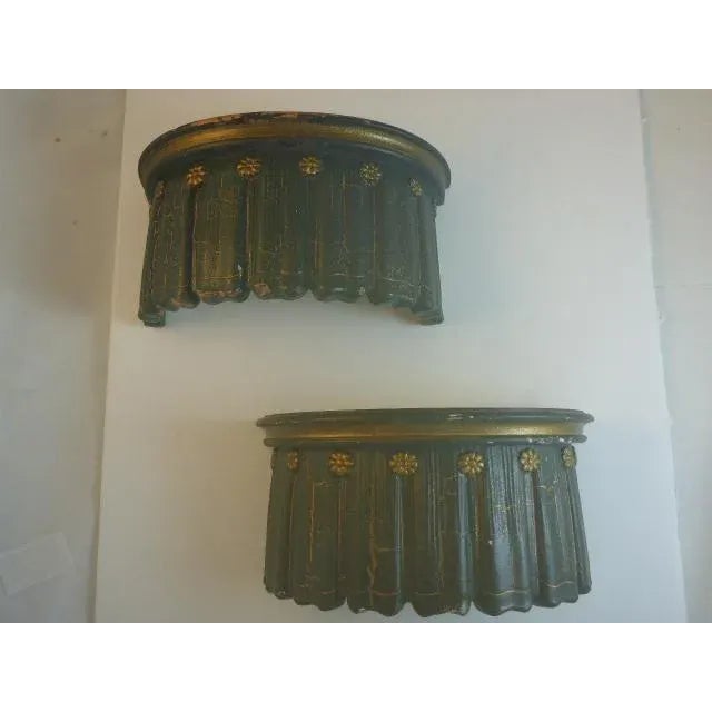 Pair Late 20th Century Transitional Wall Shelf Brackets Painted Green Gold Crackle For Sale - Image 11 of 11