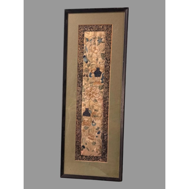 Antique Chinese Framed Silk Embroidery Panel With Flowers Vases & Butterflies For Sale - Image 6 of 6