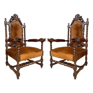 Louis XVI Style Spanish Pair of Carved Walnut Armchairs, 1900s For Sale