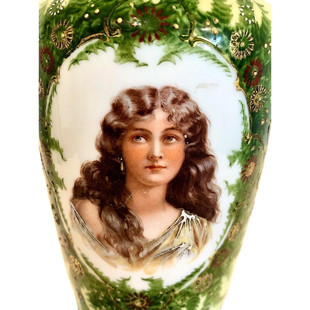 On offer is a stunning pair of European antique porcelain portrait vases, likely dating to the late Victorian or Art...
