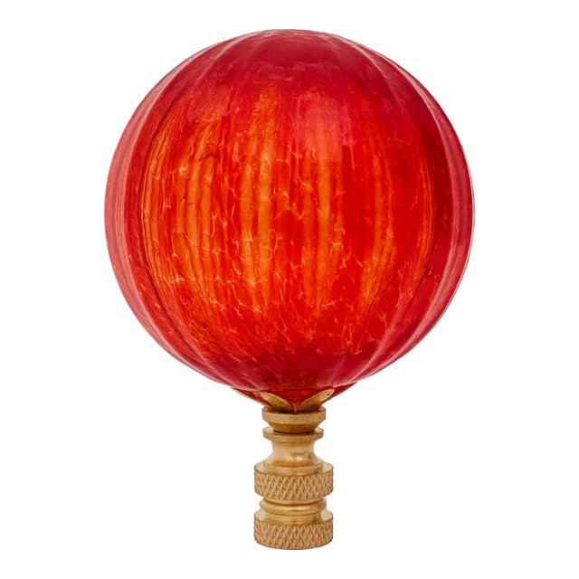 Ribbed Optic Glass Lamp Finial in Fiery Red on Knurled Brass Hardware For Sale