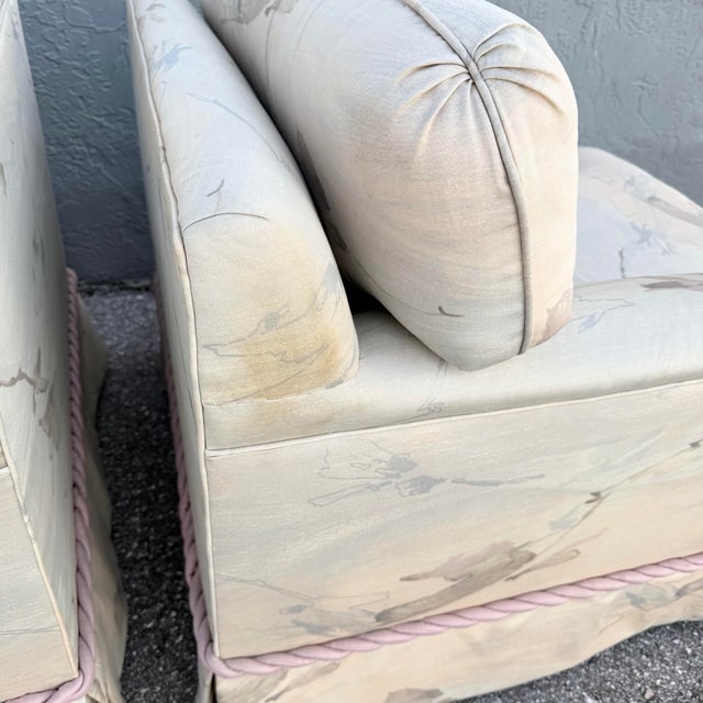 1980s Postmodern Pink and Blue Ropped and Skirted Lounge Chairs - A Pair For Sale - Image 5 of 11