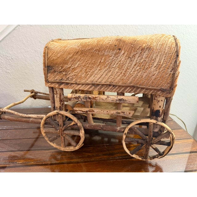 Rustic Vintage 1940s Adirondack Western Twig and Bark Handmade Covered Wagon Folk Art With Four Handcarved Wooden Horses and Two Drivers Figures For Sale - Image 3 of 12