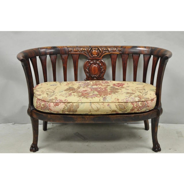 Antique Victorian Carved Mahogany Paw Foot Barrel Back Settee Loveseat Sofa For Sale - Image 16 of 16