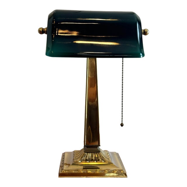 Vintage Banker's Green Glass & Brass Desk Lamp For Sale