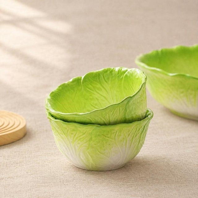 Rustic European Rustic Europe Ceramic Cabbage Rice Bowl - Set of 4 For Sale - Image 3 of 6