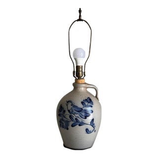 Vintage Rowe Pottery Works Salt Glazed Stoneware Cobalt Blue Bird Jug Table Lamp 25" For Sale