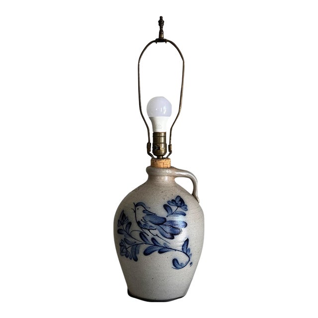 Vintage Rowe Pottery Works Salt Glazed Stoneware Cobalt Blue Bird Jug Table Lamp 25" For Sale