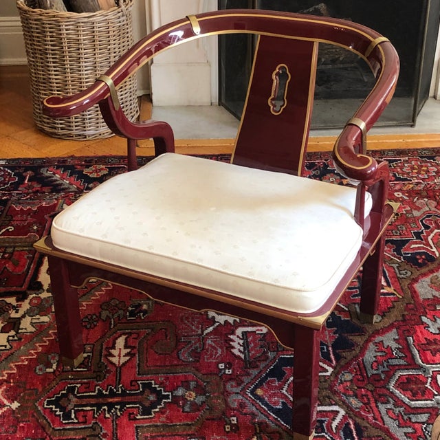 Chinoiserie 1970s James Mont-Style Oxblood Red Horseshoe Chinoiserie Accent Chair For Sale - Image 3 of 12