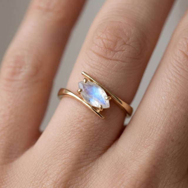 Contemporary Natural Rainbow Moonstone Ring | Dainty Twisted Shank Band Gemstone Ring | June Birthstone Ring Us 7 For Sale - Image 3 of 3