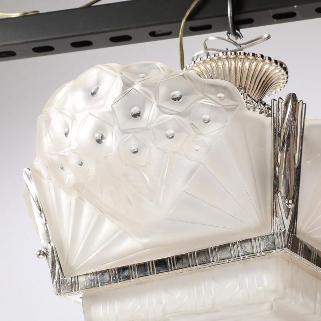 Art Deco Cubist Frosted Glass & Silvered Bronze Chandelier Signed Muller Freres For Sale - Image 10 of 18