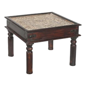 Farmhouse Style Hand Carved Wooden Panel Inset 24” Square End Table