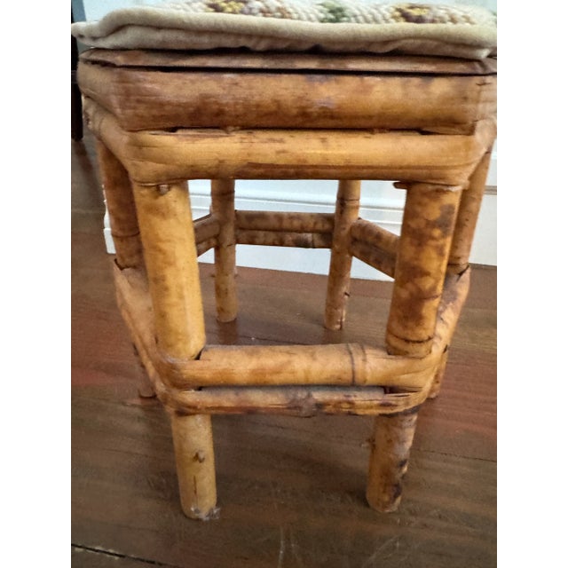 Wood Vintage Burnt Bamboo Stool With Hand-Stitched Needlepoint Top For Sale - Image 7 of 9
