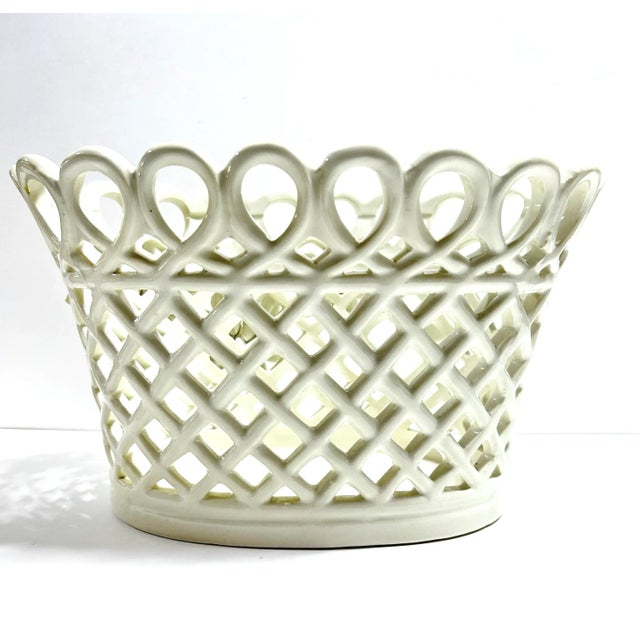 Ceramic Vintage Pierced Porcelain Cachepot – Basketweave Lattice Floral Planter For Sale - Image 7 of 11