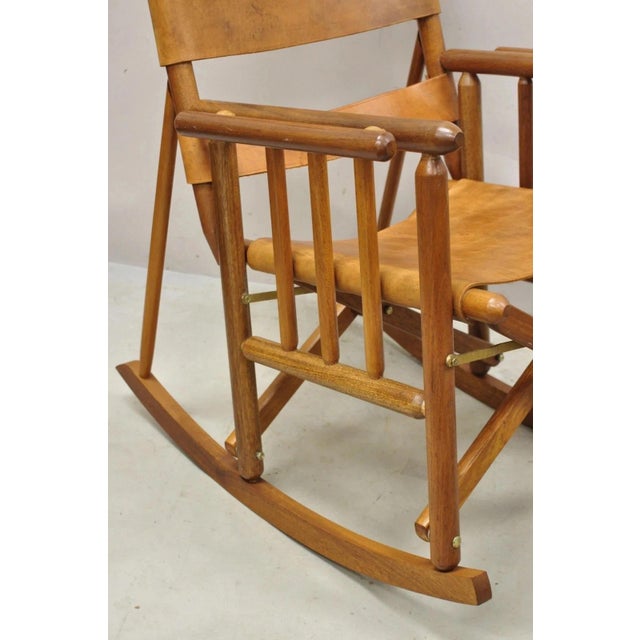 Mid 20th Century Costa Rican Campaign Style Teak Brown Leather Folding Rocker Rocking Chair For Sale - Image 4 of 12