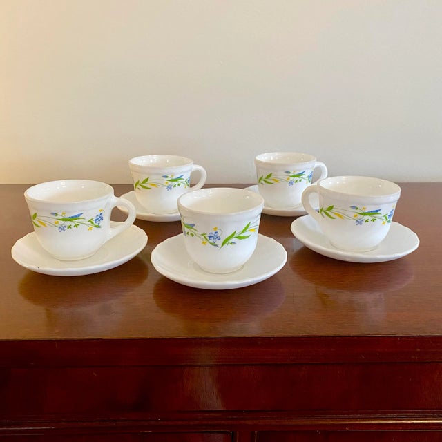 Vintage Middle Eastern Milk Glass Floral Cups & Saucers, 10 Piece Set For Sale - Image 9 of 9
