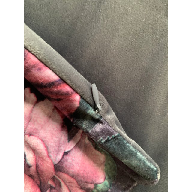 English 15” Pink Peonies Floral Gray Velvet Pillowcase For Sale - Image 3 of 4