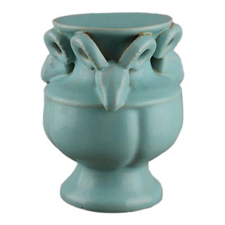 Vintage Chinese Sky Blue Porcelain Three Rams Zun Vase, Ru Style Ceramic Ritual Vessel For Sale