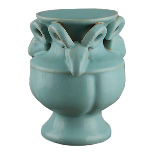 Vintage Chinese Sky Blue Porcelain Three Rams Zun Vase, Ru Style Ceramic Ritual Vessel For Sale
