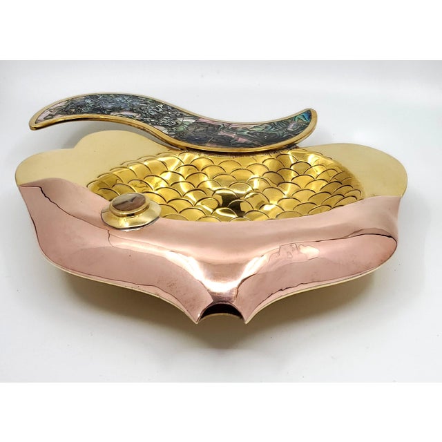 Bowl Brass Copper & Abalone Shell Fish Wall Sculpture 1960s Signed For Sale In Miami - Image 6 of 11