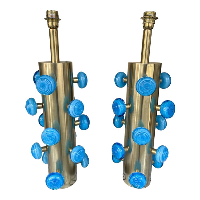 Contemporary Brass and Blue Murano Glass Spiral Lamps, Italy - a Pair EU Wired For Sale