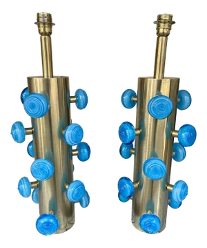 Contemporary Brass and Blue Murano Glass Spiral Lamps, Italy - a Pair EU Wired