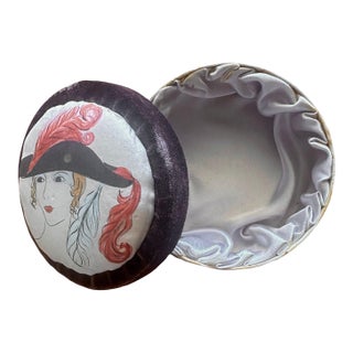 Vintage French Silk Jewelry Box Handmade Boudoir Trinket Box Provençal Satin Lined Vanity Box Romantic Decor For Sale