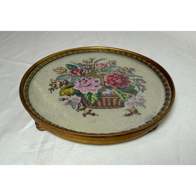 Victorian Antique 1800s Austrian Bronze Glass Petit Point Needlepoint Vanity Tray Dish For Sale - Image 3 of 9