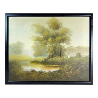 1950s Framed River Landscape Oil Painting Signed by J. Watt For Sale
