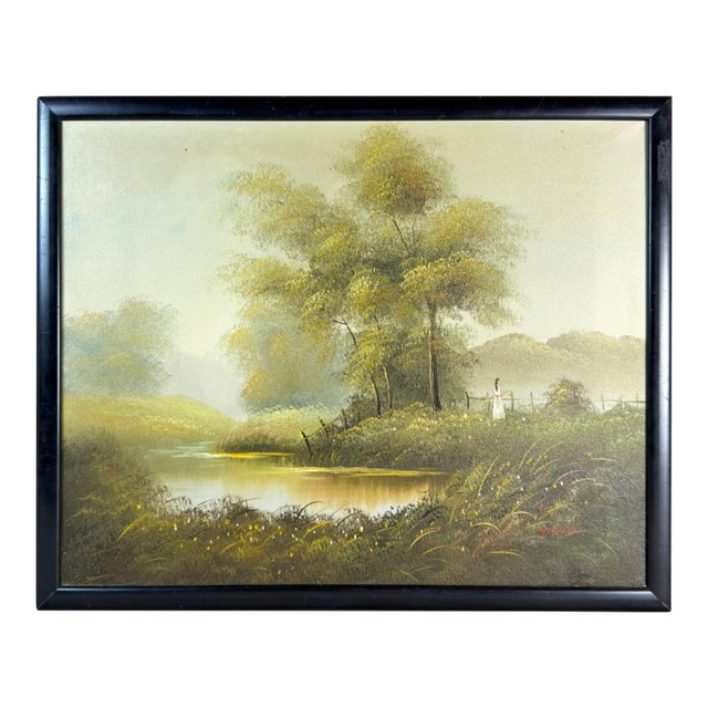 1950s Framed River Landscape Oil Painting Signed by J. Watt For Sale